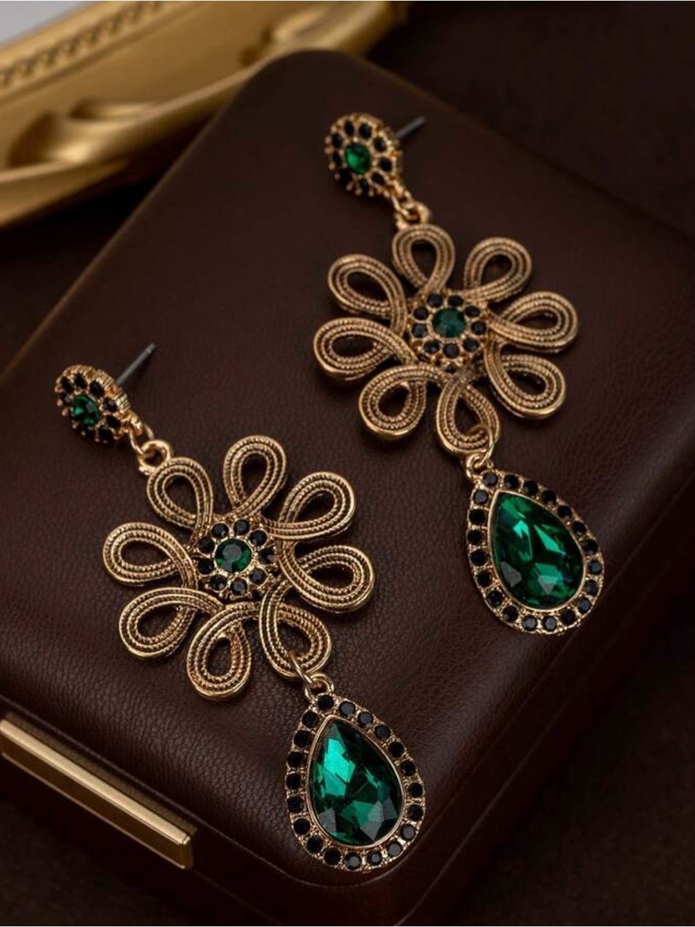 Gold Filigree Flower Drop Earrings with Emerald Green Stones - Women Jewelry